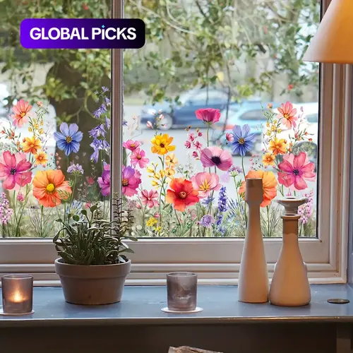 Double Sided Window Sticker, 1 Sheet Colorful Floral Pattern Decorative Window Decal for Home, Living Room & Bedroom, Decoration Items #GLOBAL PICKS