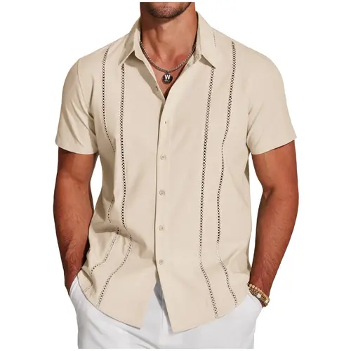 COOFANDY B Men's Cuban Guayabera Shirt Short Sleeve Button Down Shirts Casual Summer Beach Linen Shirts Menswear Soft
