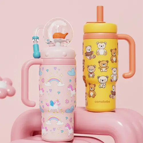COMOBEBE 24oz Stainless Steel Whale Fountain Tumbler - Insulated Waterproof Portable Water Bottle, Spill-Proof, Dual Lids, Dishwasher Safe, Adorable Patterns, Ideal for Kids & Adults