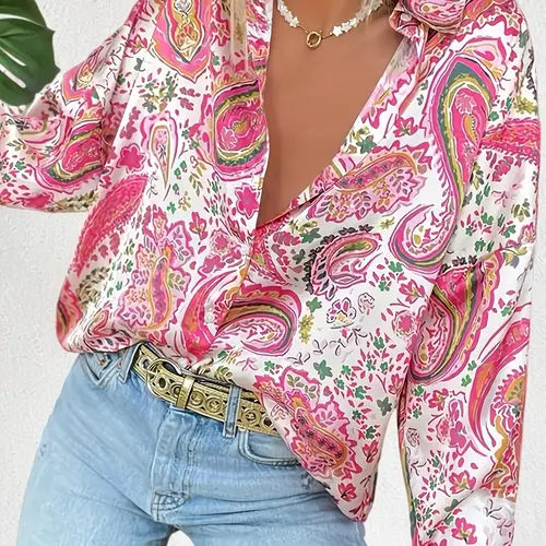 Plus Size Women's All-Over Paisley Print Button-Front Blouse, Button Up Top, Long Sleeve Collared Bohemian Shirt for Daily Summer Wear Tops