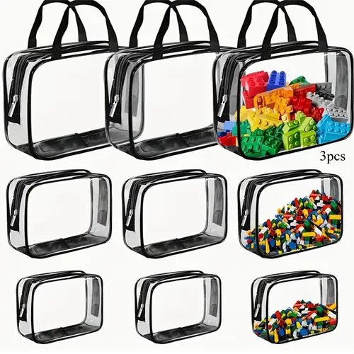 Clear Toy Storage Bag, 3 Counts Waterproof Zipper Building Block Organizers, Portable Washable Storage Bags for Home, Office and School, Space Saving Bags Storage Supplies, Pvc Waterproof Organizer