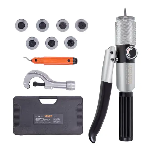 【Summerfinds】VEVOR Heavy Duty Hydraulic Tube Expander, 3/8"-1-1/8" ODH Multi-Size HVAC Swaging Kit with 7 Heads, Deburring & Pipe Cutter for Soft Metals, Hydraulic Force Tube Expanding Construction Hand Tool