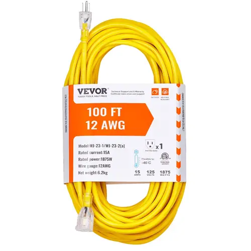 【Summerfinds】100FT Heavy Duty Extension Cord 12AWG 15Amps 1875W 3 Prongs with Lighted End