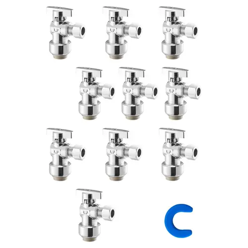 【toolupgrade】VEVOR 10-Pack Brass Angle Stop Valve, 1/2" PTC x 3/8" OD Compression 1/4-Turn Chrome-Plated, Easy Installation Water Management for Copper, CPVC, PE-RT, PEX Pipes, Durable Sturdy for Schools