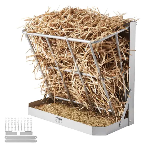 VEVOR Goat Hay Feeder,  39.5 Gallons Large Capacity, 2 in 1 Hay and Grain Feeder, Wall Mounted Livestock Feeder with Feed Tray, Multiple Sided Goat Hay Rack, Sturdy Steel Hay Rack for Sheep Horses
