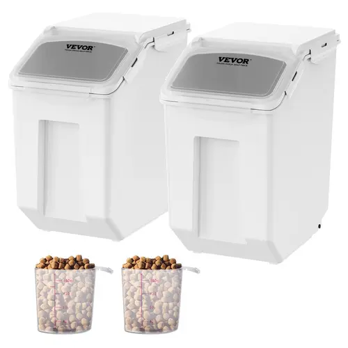 VEVOR Ingredient Storage Bin,  2 x 15L Dispenser Bin with 2 Measuring Cups, Attachable Casters and Airtight Lid, 2 Pcs/Set Dog Pet Food Storage Container, PP Material Kitchen Rice Cereal Flour Bin Silicone Utensils