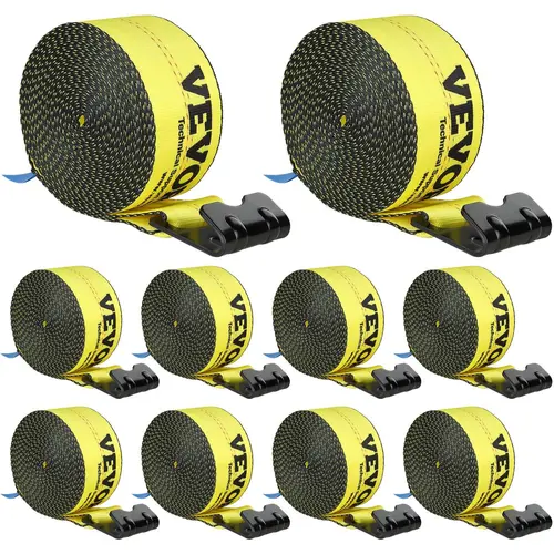 VEVOR Heavy Duty Polyester Winch Straps (10-Pack, Yellow, 1 Size) - 4"x30', 6000lb Load Capacity, 18000lb Break Strength, Rain-Sun Resistant, Flat Hook Flatbed Tie Downs for Trailers, Bed Rails, Haul Crates & Appliances, Truck Accessories