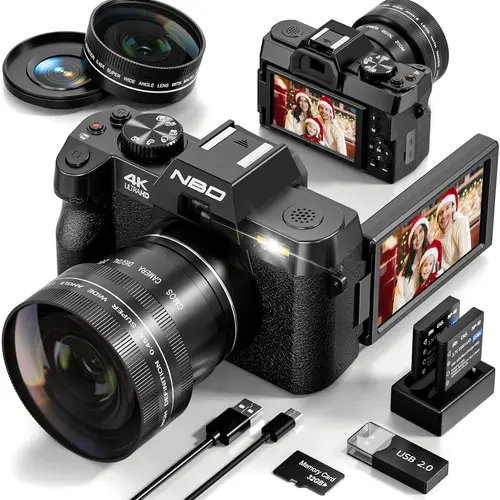 NBD 48MP 4K Autofocus Vlogging Camera with 16X Digital Zoom 3.0" Flip Screen 52mm Lens USB Charging for Beginners, Digital Cameras, Usb Port,