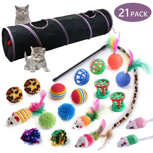 21-Piece Variety Cat Toy Set, Interactive Black Straight-Through Tunnel with Fluffy Mouse Chase, Rattling Paper Balls & Spring Hose Chase for Kittens & Cats
