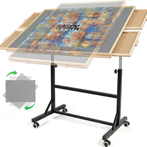 ALL4JIG Puzzle Board for Adults  with 4 Drawers Portable Puzzle Table for 1500/2000 Pieces 360° Rotating Adjustable Angle Height Stable Non-Slip Felt Surface Transparent Cover Practical Storage Drawers