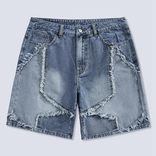 Frayed Hem Star Spring To Summer Pattern Wide Leg Jorts Denim Shorts with Pocket