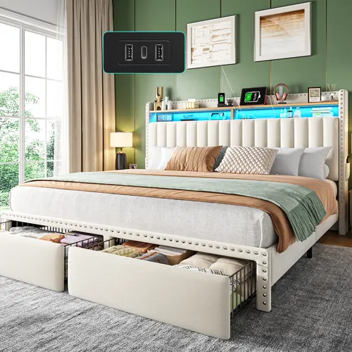 Raybee LED Storage Bed Frame - Luxury Upholstered Queen Bed Frame with Charging Station, 2 Storage Drawers, Large Padded Bookcase Headboard, 900lbs High Weight Capacity, No Mattress/Box Spring/Noise, Fits Full Size, Bed Frames