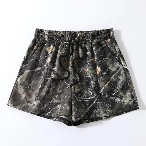 Women's Solid/ Plants Print Drawstring Adjustable Loose Fit Baggy Knit Shorts Fabric, Casual Comfy Breathable Shorts for Daily Wear, Ladies Bottoms for Summer
