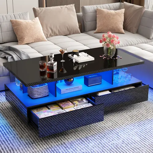 Modern LED Coffee Table with Storage, 43" Large White Coffee Tables for Living Room, Center Table with Open Display Shelf & 2 Sliding Drawer(Black)