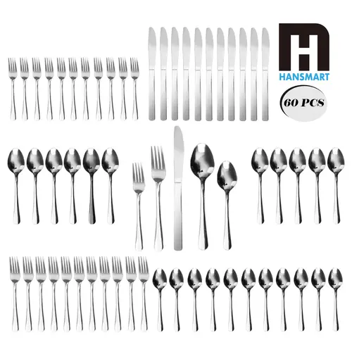 60-Piece Classic Windsor Style Stainless Steel Cutlery & Tableware Set - Service for 12, Smooth Plain Polished Handle Silverware, Dishwasher Safe for Everyday Home & Wedding Party Use