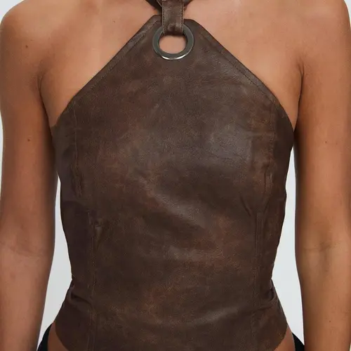 Women's Solid Lace-Up Adjustable Backless Halter Neck PU Leather Top, Backless Halter Camisole, Fashion Casual Sleeveless, Fashion Casual Chic Fit for Daily Outdoor Wear, Ladies' Womenswear for Summer