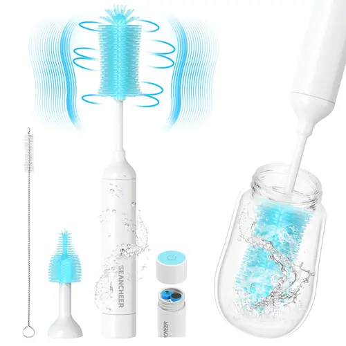 SEANCHEER S02 Electric Bottle Brush Set, Portable Baby Bottle Brush Cleaner, AA Battery-Powered & IPX7 Waterproof, with Silicone Bottle/Nipple/Straw Brush, for Home & Travel Bottlewasher Newborn Infant Gifts,back to school,back to school haul