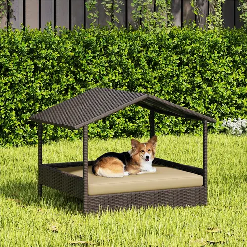 Yaheetech Cooling Rattan Dog House, Outdoor Elevated Dog/Cat/Rabbit Bed with Canopy and Foam Cushion, Raised Pet House for Indoor and Outdoor