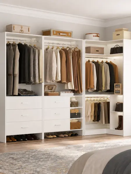 3-Piece Corner Closet System with Wood Drawers ＆ Hanging Rods, Sturdy Reversible Freestanding Walk-in Closet Organizer Wardrobe Storage Cabinet with Adjustable Shelveshelves, Modern Home Organization Furniture for Bedroom