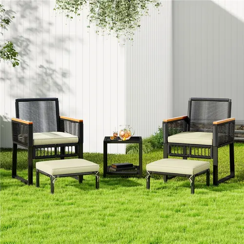 Yaheetech 5-Piece Wicker Rattan Outdoor Conversation Set - Multi-Seat Rattan Outdoor Furniture Set with Wooden Arms, Table, Ottomans, Weatherproof Cushions, Robust Construction for Porch, Garden