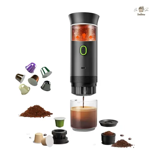Lightweight Cordless Electric Espresso Machine - 20-Bar Pressure, 60ml Capacity, Self-Heating, 12V, USB-C Plug Rechargeable, Rich Crema, Multifunction Portable for Travellers’ Car Use, Ground Coffee/Capsule Compatible, Christmas Coffee Accessory