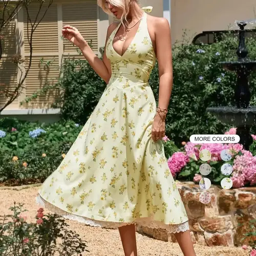 Parthea  V-neck Halter Tie Back Smocking Ruched Floral Print Lace splicing Bodycon Dress,A Must-Have Sexy Long Dress for Casual Vacations Lace Trim Dress