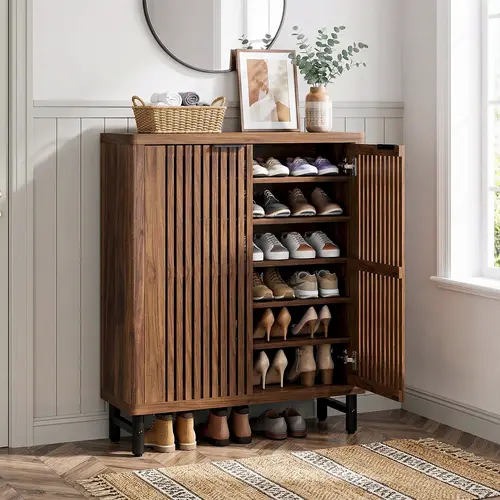 Spaco 6-Tier Lightweight Durable Wooden Shoe Rack Organizer - Home Organization Storage, Adjustable Shelving Solutions, Louvered Doors, Large Furniture-Style Indoor Floor Cabinet for Entryway, Hallway,dorm essentials,home decor
