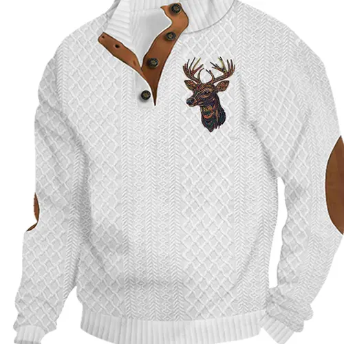 Men's Reindeer Print Patchwork Contrast Trim Jacquard Sweatshirt, Casual Fitted Sweatshirt, Regular Fit Casual Comfy Long Sleeve Half Button Front Stand Collar Pullover for Spring & Fall, Fashion Men's Top for Daily Wear