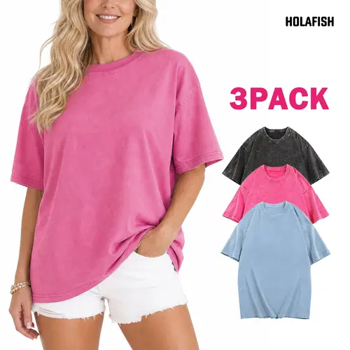 Holafish  3Pack Unisex Acid Washed Tshirt Cotton Fabric T-Shirts - Vintage Crewneck Half Short Sleeves, Casual Loose Solid Streetwear Tops, Soft Retro Acid Washed, Suitable for Beach, Fitness