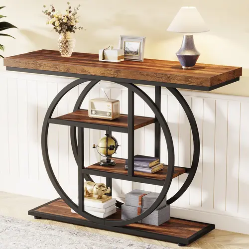 Spaco 41.3" Industrial 4-Tier Multifunctional Console Table - Narrow Wood Accents Table with Circular Base, Storage Shelves & Space, for Living Room, Hallway, Entryway, Sofa Area, Console Table Entryway