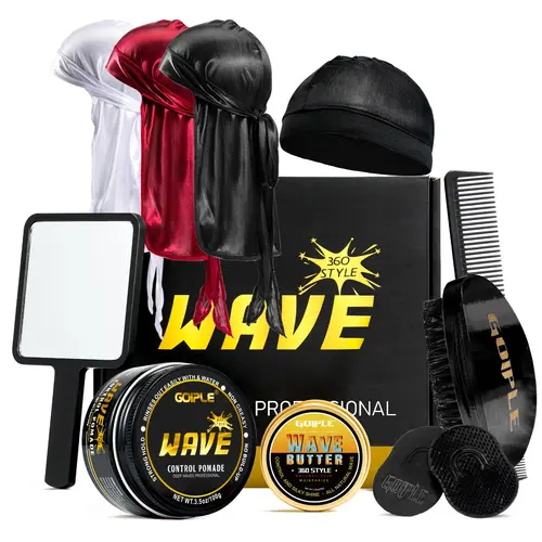 Goiple Men's Strong Hold 360 Wavy Pomade Gel Wax - Easy-Wash Wave Control Hair Care Cream, Moisturizing, Silky Shine, Brush & Durag Cap Set, Nourishing Versatile Styling Product, Father's Gift