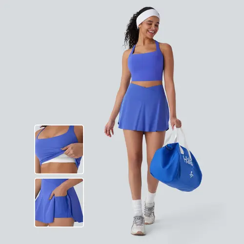 Halara 2-Piece Sets Softlyzero Airy Square Neck Backless Crisscross Cropped InstantCool Yoga Tank Top & Everyday Softlyzero Airy Crossover 2-in-1 Side Pocket Mini Pickleball Skirt, Summer Outfits #BackToSchool