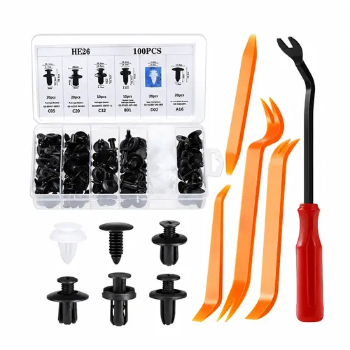SRGARH100PCS Car Retainer Clips, Bumper Clips, Plastic Rivets, Racks & Pinions, 10 Assorted Cable Ties, Trim Removal Tool for Toyota, GM, Ford, Honda, Acura, Chrysler Automotive Replacement