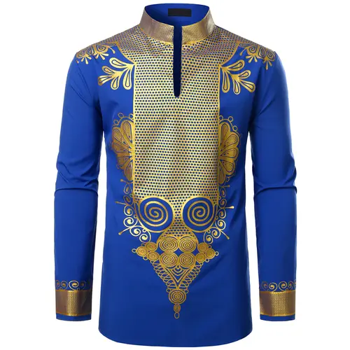 ZEROYAA Men's African Stand-Up Collar Long Sleeve Graphic Dashiki Shirt - Shiny Retro Printed Pattern, Elastic Fit Moves With You, 3-Button Front For Quick Dressing, Polyester Tops, Ethnic Gift For Boyfriend Father