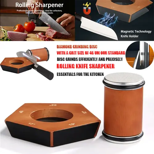 Metal Wooden Durable Diamond Rolling Knife Sharpener Set - 12-15-17-19-22 Degree Angle, Blade Holder, 2-Sided Suction, Diamond Grinding Disc, Lightweight Kitchen Knife Essential Tool, No Battery, Excellent After-Sales Service