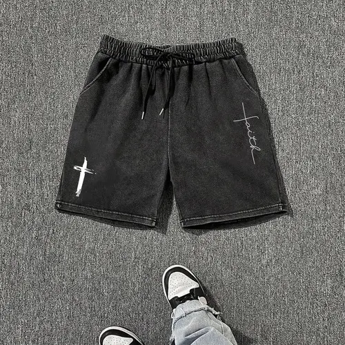 Men's Cross Print Washed Drawstring Waist Shorts, Loose Casual Graphic Summer Bottoms for Daily Wear