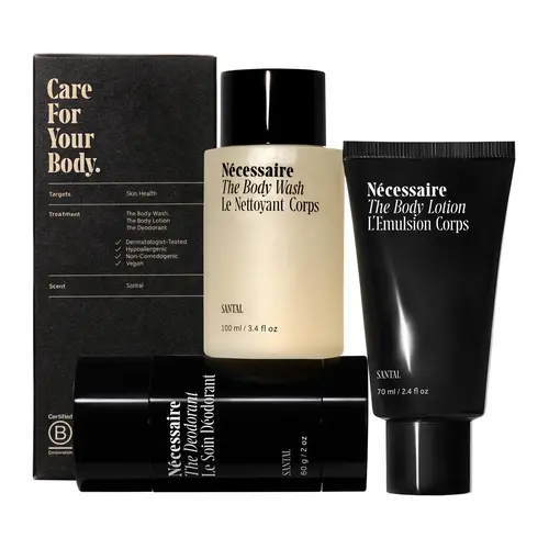 Nécessaire Santal Body Essentials Set – Travel-Size Body Wash, Body Lotion + Deodorant | For Women + Men | Dermatologist-Tested. Hypoallergenic. Vegan | Aluminum-Free Deodorant
