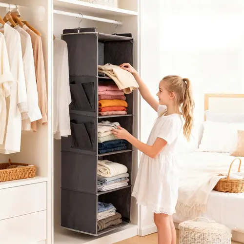 Multi-layer Hanging Clothes Storage Organizer, Space Saving Hanging Clothes Organizer with Side Pocket, Foldable Clothing Storage Bag, Home Organizer for Bedroom