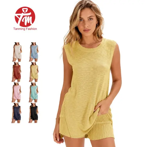 Tanming Women's 2-Piece Knit Set - Fitted 2 Round Neck Sleeveless Tunic Top & Matching Shorts, Boat Beach Vacation Casual Summer Women's Matching Sets, Two Piece Set, Kit Short & Top Sets