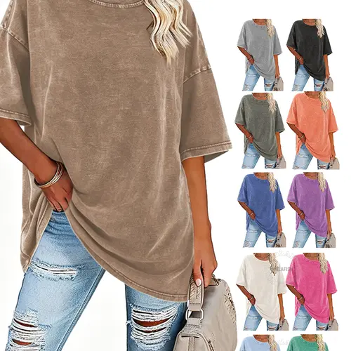 Holafish Vintage Women's 1/2-Pack Acid Washed Cotton Oversized Hip Tee Garment - Loose Fit Crewneck Short Sleeve Pullovers, Soft Summer Basic Apparel for Casual Streetwear, Thanksgiving Tshirts