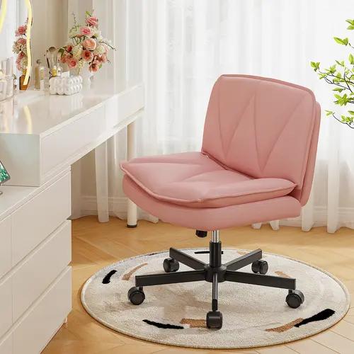 Raybee Furniture Criss Cross Chair with Wheels, Scratch-Resistant PVC Leather Cross Legged Office Chair, Wide Mid-Back Comfy Armless Desk Chair, Height Adjustable Vanity Computer Chair for Home Office #TikTokShopStockUp #SummerVibes