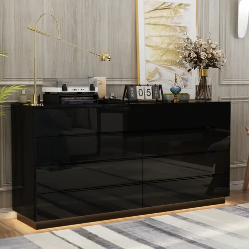 FUFU&GAGA 63" Modern LED Dresser with 8 Drawers & Glossy Surface - Glowing Storage Cabinet Organizer for Bedroom