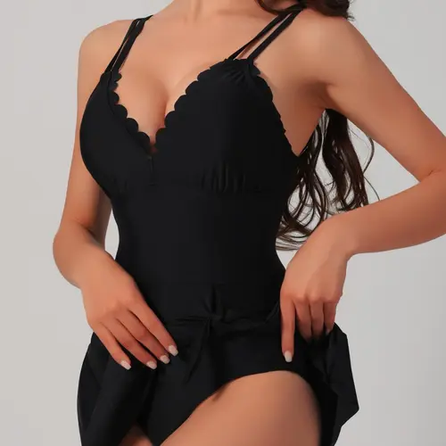 Women's Solid Color Scallop Trim Deep One-Piece Swimsuit, Casual Comfortable Adjustable Strap Tie Back Backless Sleeveless Swimwear for Beach Holiday Vacation, Solid Ruched Swimsuit, Casual Fitted Swimwear, Beachwear Swimsuits