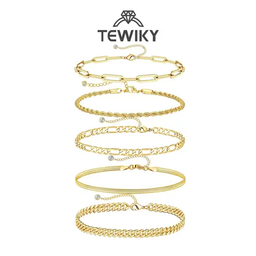 TEWIKY 5PCS Bracelets For Women Jewelry Sets For Women Cute Tennis Bracelets For Fashion Cuban Link Paperclip Chain Dainty Bracelet Pack Gifts For Women Girls trending  jewellery For Gift Trendy Stack Bangle Elegant Minimalist Bangle