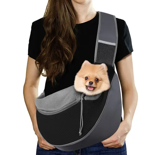 Pawaboo M Fabric Dog & Cat Sling Carrier - Hands-Free Drawstring Papoose with Adjustable Strap, Zipper Pocket, Breathable Mesh, Crossbody Purses Crossbody Bag for Biking & Outdoor Use, Dark Gray+Black