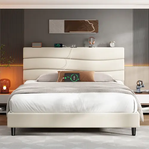 【Beds for Teens】Raybee Modern & Quiet Luxury Upholstered Platform Bed Frame with Adjustable Headboard【Frame ONLY,No Box Spring Needed】Center Support & Noise-Free Wooden Slats,Built-in Charging Station,Heavy Duty & Easy Assembly, Grow & Room to College