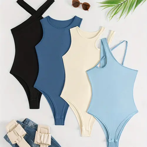 4 Piece Women's Asymmetrical Neck Cut Out Bodysuit Set, Casual Slim-Fitting Bodysuit for Party & Daily Wear, Fashion Spring & Summer Clothes