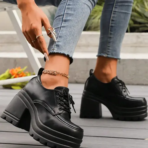 Women's Fashionable Lace Up Platform Shoes, Casual Comfortable Thick Sole Shoes for Daily Wear, Female All-match Trend Shoes for Daily Wear, Girl, Elegant Heeled Shoes, Platform Heels, High Heel Shoes, Platform Footwear, Stylish Footwear
