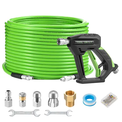 Tool Daily Pressure Washer Sewer Jetter Kit - 100 FT Heavy Duty Hose, Short Spray Lance, 1/4 Inch NPT Versatile Nozzles, 3600 PSI Drain Cleaning Tool, Pressure Washer Accessories, Teflon Tape for Sinks, Toilets toolupgrade, Sewer Jetting Nozzle