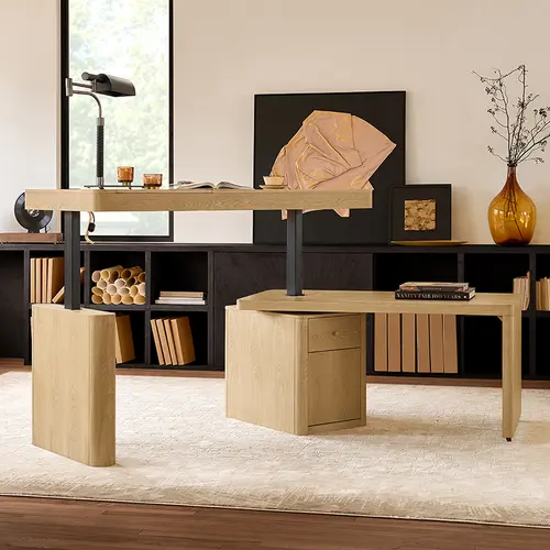 【5-Year Electronics Warranty】HULALA Veritas Home Office 360-Degree Rotating Standing Desk with Flip-Top Lid Electric Height-Adjustable Design Side Cabinet Drawers Storage L Shaped Wood Finish Ergonomic